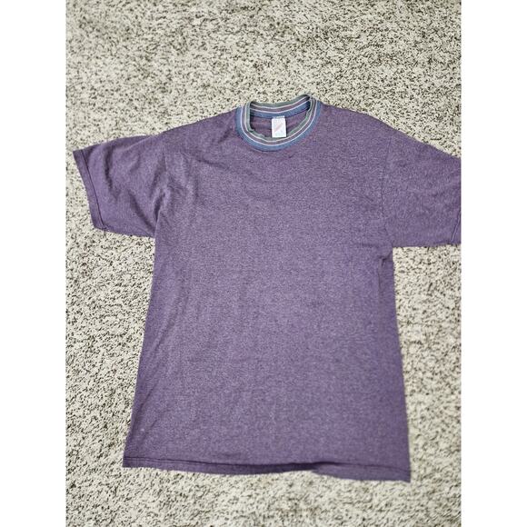 Vintage 80s 90s Jerzees Russell Heavyweight Striped Crew Neck Tee Shirt L Purple - Picture 1 of 8